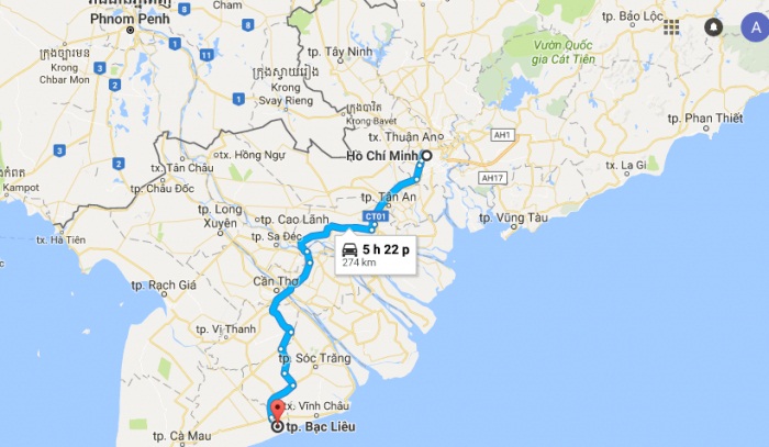 ban do duong di tu can tho den bac lieu